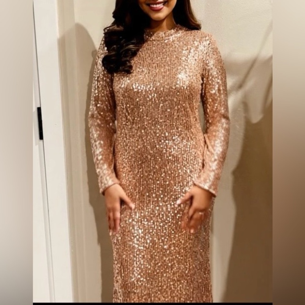 Glamorous Long Sleeve Sequin Dress in Rose Gold